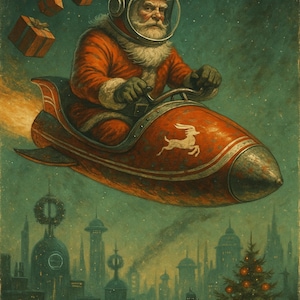 May include: Vintage illustration of Santa Claus in a red rocket ship with a white reindeer emblem, wearing a space helmet, and delivering gifts. The background features a futuristic city and a starry sky, evoking a retro-futuristic Christmas theme.