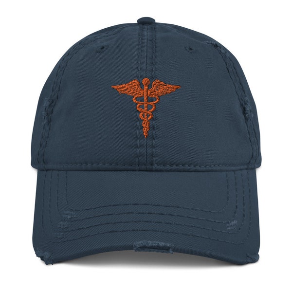 Caduceus Staff of Hermes Distressed Hat, Embroidered