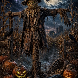 May include: A scarecrow with glowing green eyes and a tattered coat stands in a cornfield at night under a full moon. Several carved jack-o'-lanterns with lit interiors, a black cat, and crows surround the figure amidst dry corn stalks.