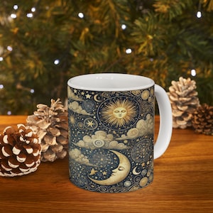 Celestial Sun and Moon Ceramic Mug: Starry Night Coffee Cup