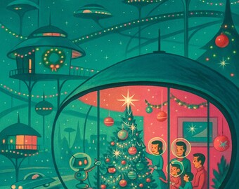 Mid-Century Modern Christmas Card – Retro Jetsons Sci-Fi Holiday