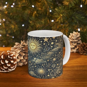 Celestial Sun and Moon Ceramic Mug: Starry Night Coffee Cup
