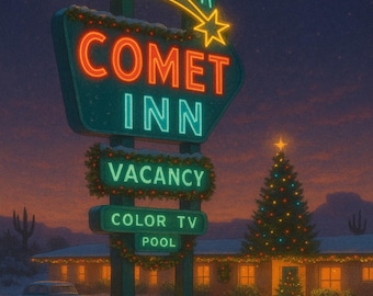 Comet Inn-kerstkaart – Retro Neon Motel, mid-Century Americana