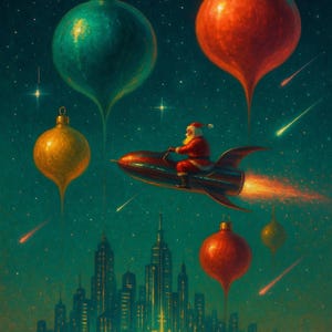 May include: A whimsical Christmas-themed illustration depicts Santa Claus riding a rocket through a starry night sky. Large, ornate ornaments in red, gold, and teal float above a city skyline, with shooting stars adding to the festive scene.