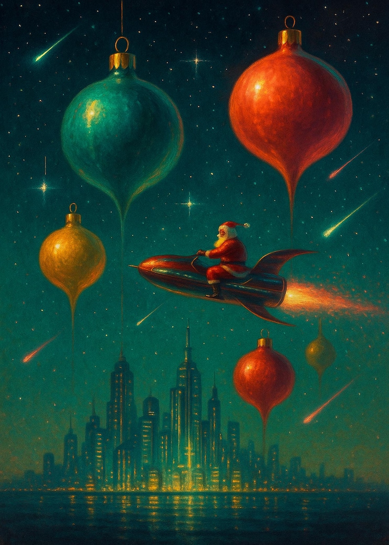 May include: A whimsical Christmas-themed illustration depicts Santa Claus riding a rocket through a starry night sky. Large, ornate ornaments in red, gold, and teal float above a city skyline, with shooting stars adding to the festive scene.