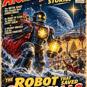 May include: A vintage-style poster titled Atomic Holiday Stories featuring a large black robot carrying a red sack of gifts and a glowing lantern in a snowy landscape. The text reads The Robot That Saved Christmas and December Issue 25 cents.