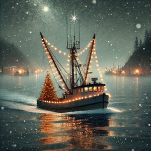 Starlit Voyage - Cartão de Natal festivo de barco de pesca