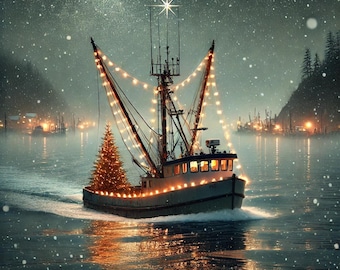 Starlit Voyage – Festive Fishing Boat Holiday Card, Coastal Christmas Card, Nautical Winter Scene