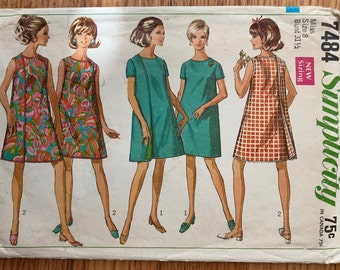 short and 34 length sleeves Size 18 12 Bust 39 Simplicity Pattern 6057 1960/'s One-Piece Dress sized petite women slim gathered skirt