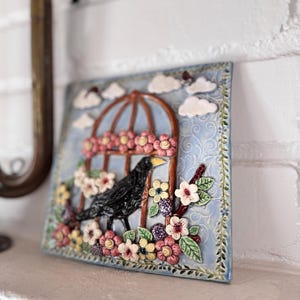 Handmade Ceramic Raven Art Tile: Colorful Bird Wall Decor