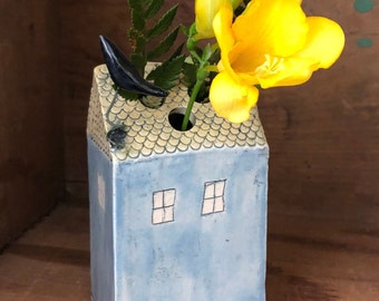 Vase Mini House with Crow Handmade