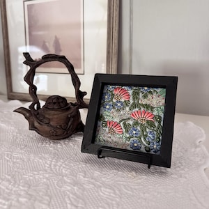 Handmade Coneflower Ceramic Tile Art: Peach & Ruby Red, Easel Included
