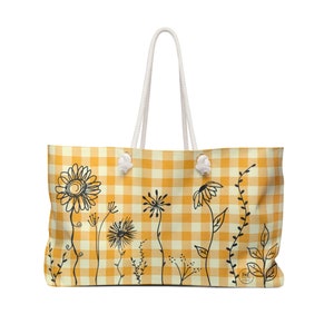 Wildflowers Beach Bag | Yellow Checkered | Plaid Bag | Large Beach Bag | Large Tote Bag | Weekender Bag | Boat Bag | Gift Bag