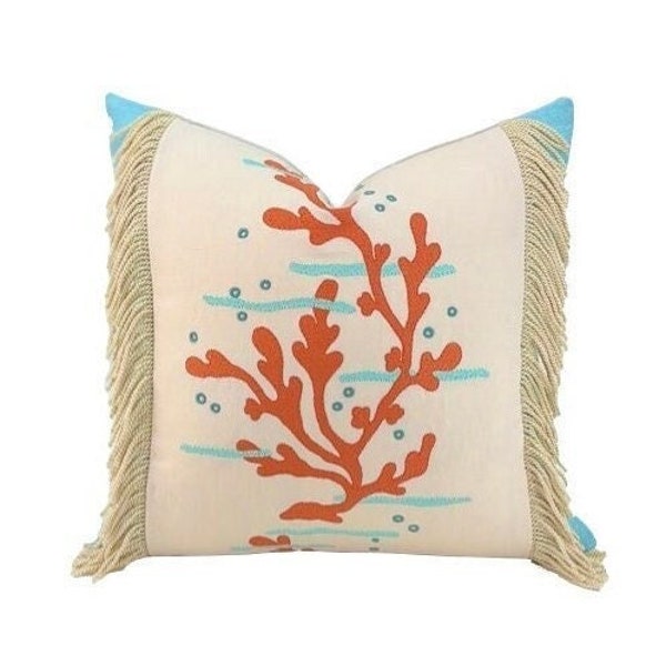 Summer Pillow SET Coral Reef Embroidered Tan Linen Tropical Home Decor Fringe Accent Pillow Aqua Ocean Blue Coral Red Beige Pillows
