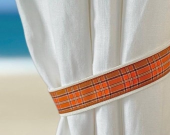 Curtain Panel Tieback Orange Plaid Holdbacks Gingham Halloween Home Decor Thanksgiving Window Treatment Accessory Custom Curtain Linen Ties