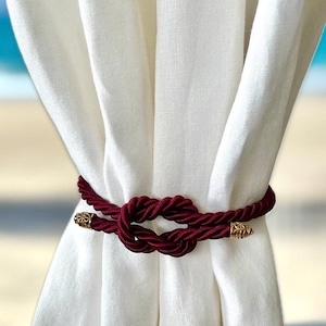Satin Curtain Holdback Infinity Twisted Cord Accents for Home Decor, Linen Window Furnishing Accessory, Unique Burgundy Rope Tie Backs