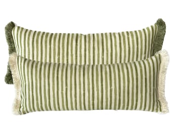 Linen Pillow SET of Green Stripes Bamboo Print Luxury Brush Trim  Contrasting Ivory Custom Cushion Covers Forest Green Sofa Bed Accents