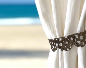 Scalloped Linen Curtain Tiebacks Antelope Print Ivory Neutral Holdbacks for Curtains Custom Bathroom Drape Fabric Tie Back SINGLE or SET