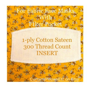 Fabric Filter Insert for Filter Pocket Mask, 100% Cotton Classic Sateen 1-ply Single Layer Ships Fast, White, Reusable, Washable