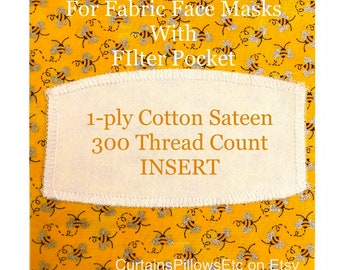 Cotton Sateen Face Mask Filter Insert, Reusable, Washable