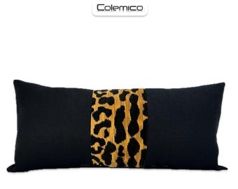 Black Animal Print Velvet Pillow, Brown Leopard Sofa Chair Cushion Cover, Custom Linen Pillows, Color Block, Fringe or Knife Edge Lumbar