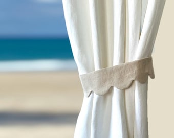Curtain Panel TieBacks Beige Linen Scalloped Neutral Holdbacks for Drape Custom Tie Back Bathroom Summer Room Home Decor SINGLE or SETS