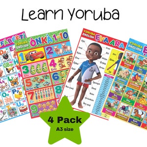 Premium A3 Yoruba Lernposter für Kinder, Kleinkinder, Erwachsene | 4er Pack | Glanzlaminiert |