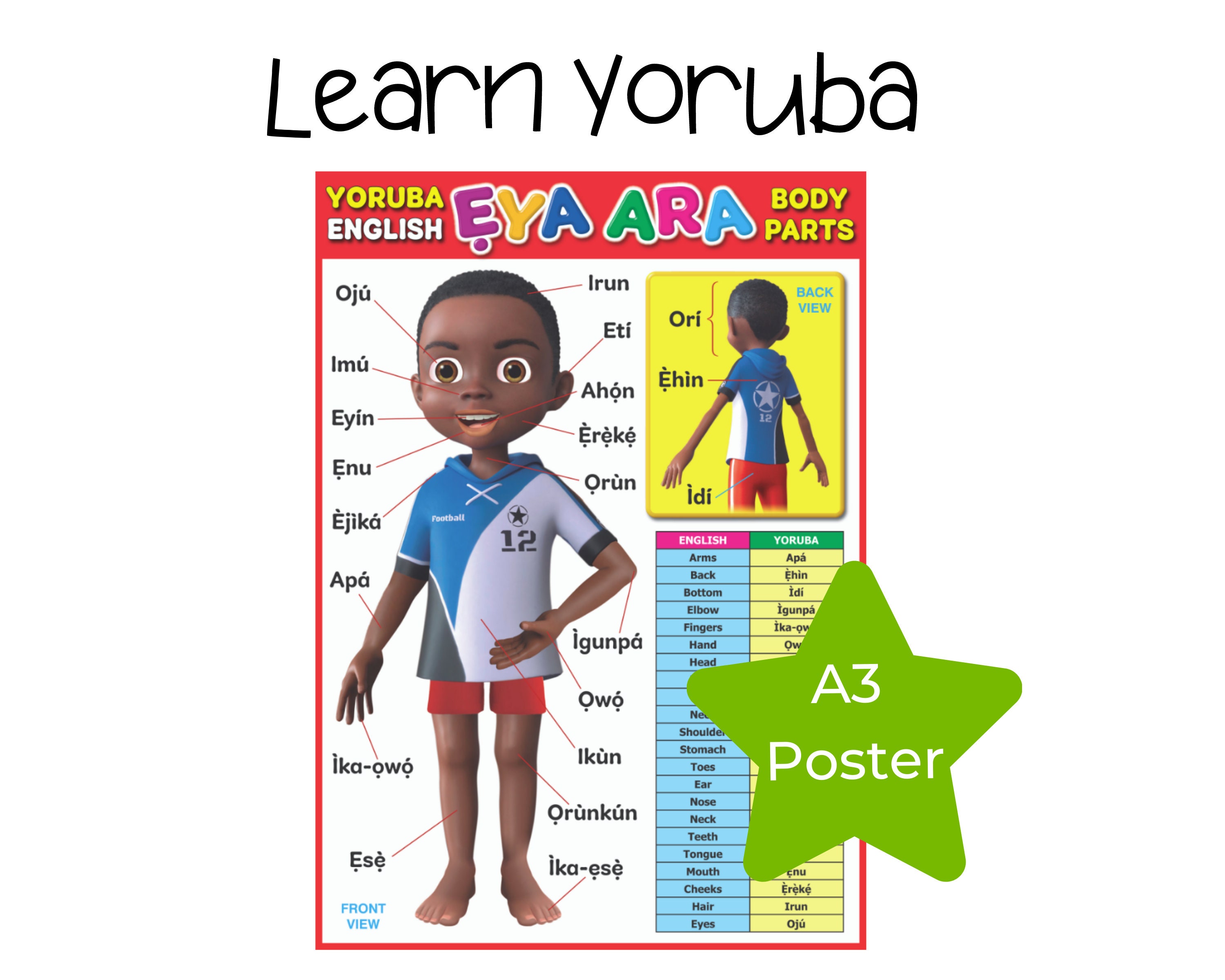 Premium A3 Yoruba Body Parts Poster for Children, Toddlers, Adults 1