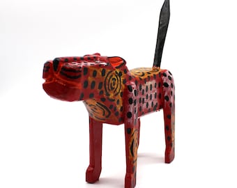 Hand-carved Guatemalan Red Jaguar Folk Art Figurine - Traditional Wooden Painted Sculpture