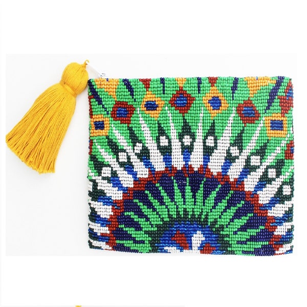 Peacock bag, beaded coin purse, beaded wallet - Slow fashion