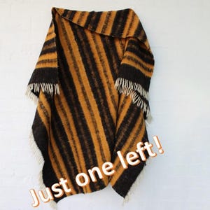 Handwoven Guatemalan Wool Blanket - Traditional Ecru Ocher Black Stripe Bedding Throw