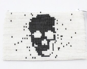 Monedero con cuentas, billetera con cuentas, diseño de cráneo blanco y negro con borla - Moda lenta
