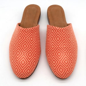 Handmade Slippers - Mini heel shoes - Salmon Diamonds brocade - handwoven in Guatemala