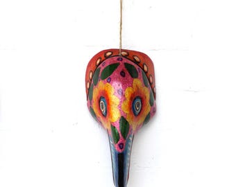 Vibrant Pink Guatemalan Toucan Mask: Handcrafted colorful home decor, Ethnic Folk Art Sculpture