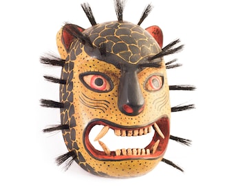 Handcrafted Guatemalan Jaguar Mask - Yellow Wood Carving - Folk Art Wall Decor - Traditional Animal Sculpture