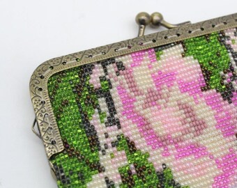 Bolso vintage Pink Flower, monedero de monedas con cuentas, billetera con cuentas - Slow fashion