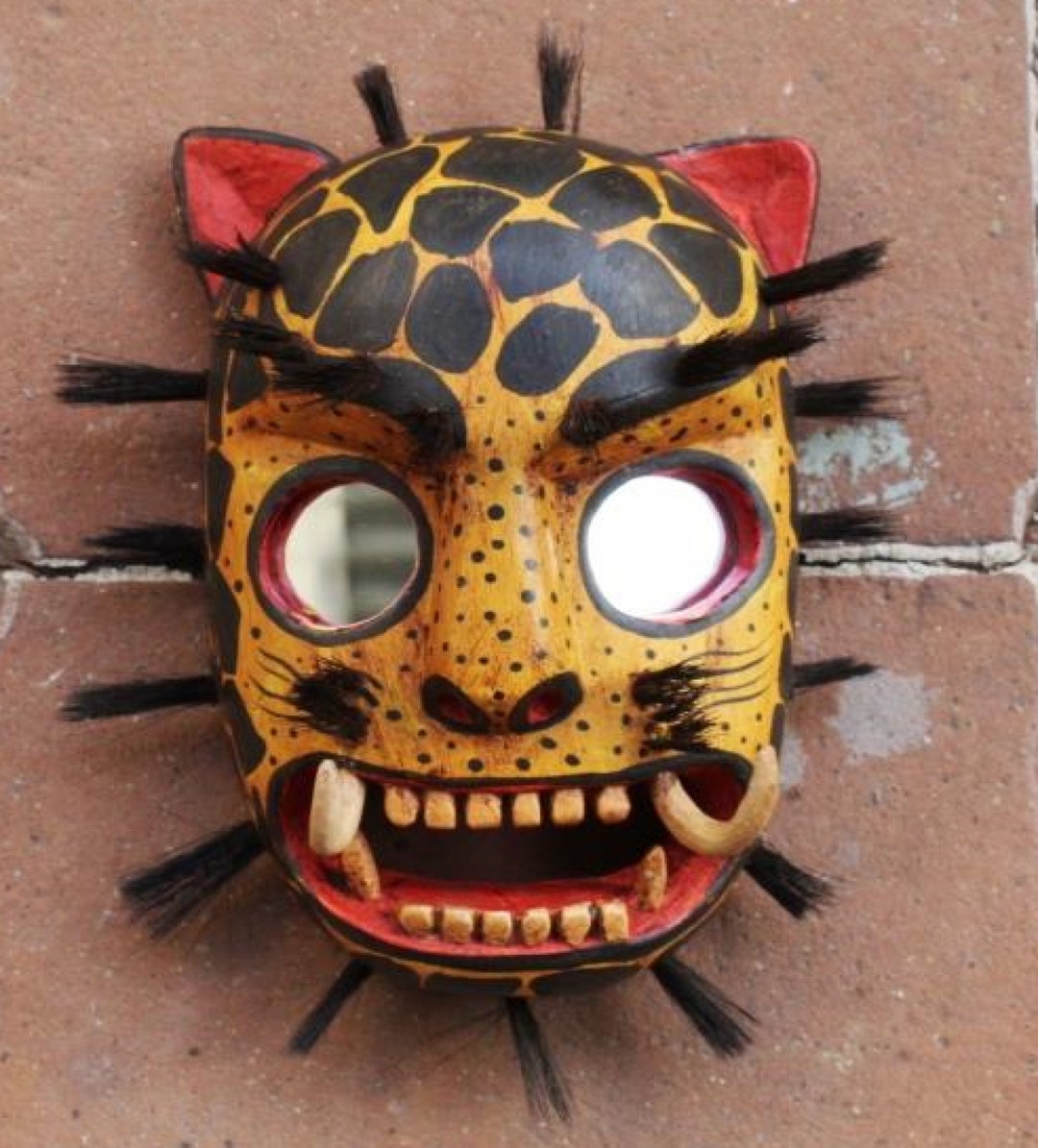 Hand Carved Guatemalan Jaguar Mask Mirror Eyes Folk Art Wall Decor