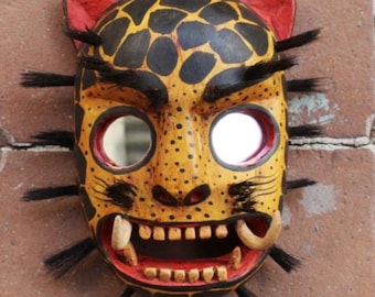 Hand Carved Guatemalan Jaguar Mask Mirror Eyes Folk Art Wall Decor