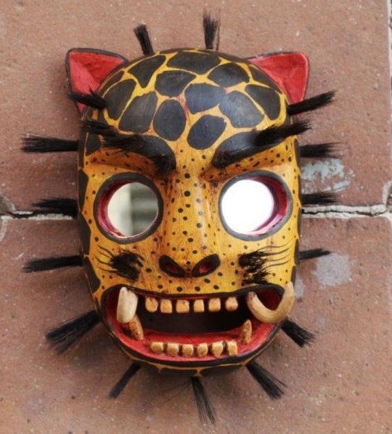 Hand Carved Guatemalan Jaguar Mask Mirror Eyes Folk Art Wall Decor