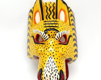 Vibrant Guatemalan Jaguar Mask Hand-Painted Wooden Folk Art Ritual Decor Collector Wall Hanging Gift