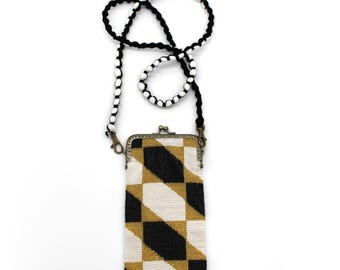 Handmade Glass Bead Cell Phone Crossbody Bag - Guatemalan Geo Mustard Black White Pattern
