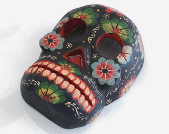 Guatemalan Carved Wood Catrina Mask: Blue Skull Folk Art Wall Hanging for Halloween Decor