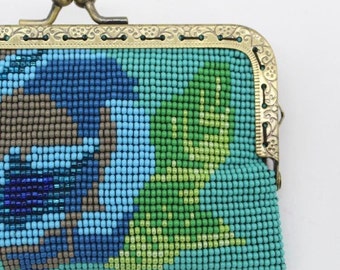 Bolso vintage de flores azul claro, monedero de monedas con cuentas, billetera de cuentas - Slow fashion