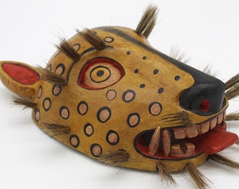 Hand-Painted Guatemalan Jaguar Mask: Carved Wood Wall Art, Traditional Folk Decor, Ritual Dance Costume