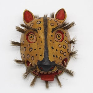Snarling Jaguar Painted Carved wood wall art Guatemalan dance mask.