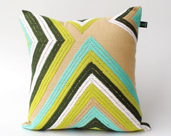 Geometrical Pattern Pillow Traditonal pillows Cozy Handmade Brocade Pillow Cover. Green Turquoise color.