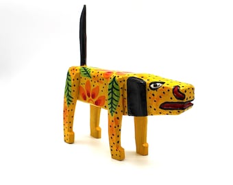 Hand-carved Guatemalan Yellow Dog Folk Art Figure - Traditional Wooden Sculpture - Unique Home Decor