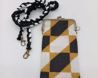 Handmade Beaded Crossbody Phone Bag | Guatemalan Geometric Mustard Black White Artisan Purse