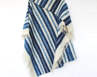 Guatemala Wool Blanket Natural Ecru Blue Stripes Traditional Ethnic Wall Decor