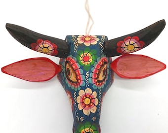 Hand Carved Wooden Blue Bull Mask | Guatemalan Mayan Folk Art Dance Wall Decor